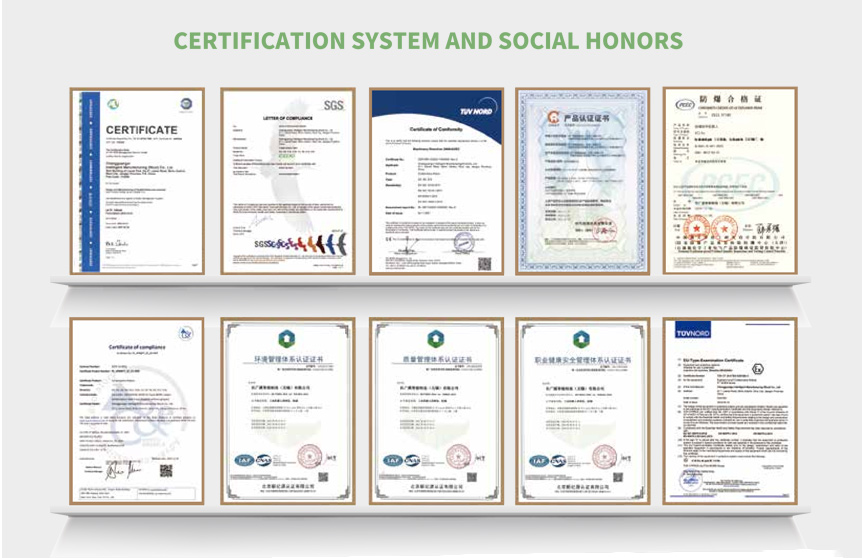 Shelf of certification documents including SGS, TUV Nord, TUV SUD, ISO and IATF certificates