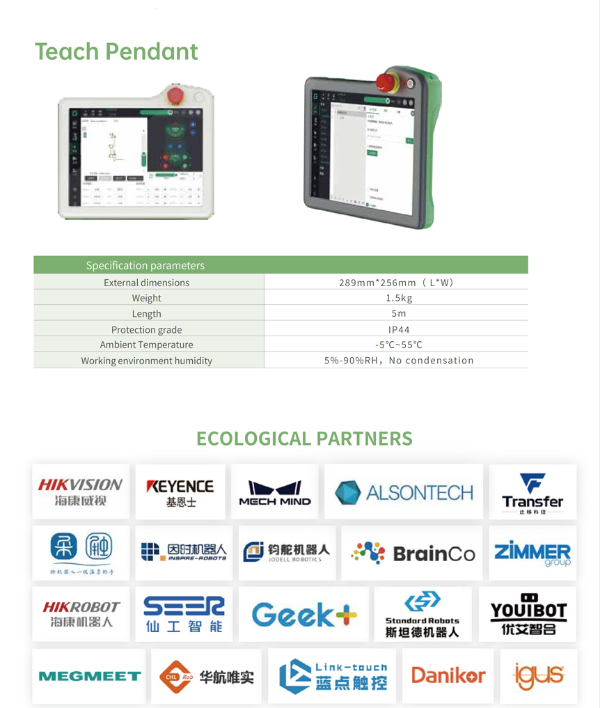 Teach pendant with emergency stop beside ecological partner logos